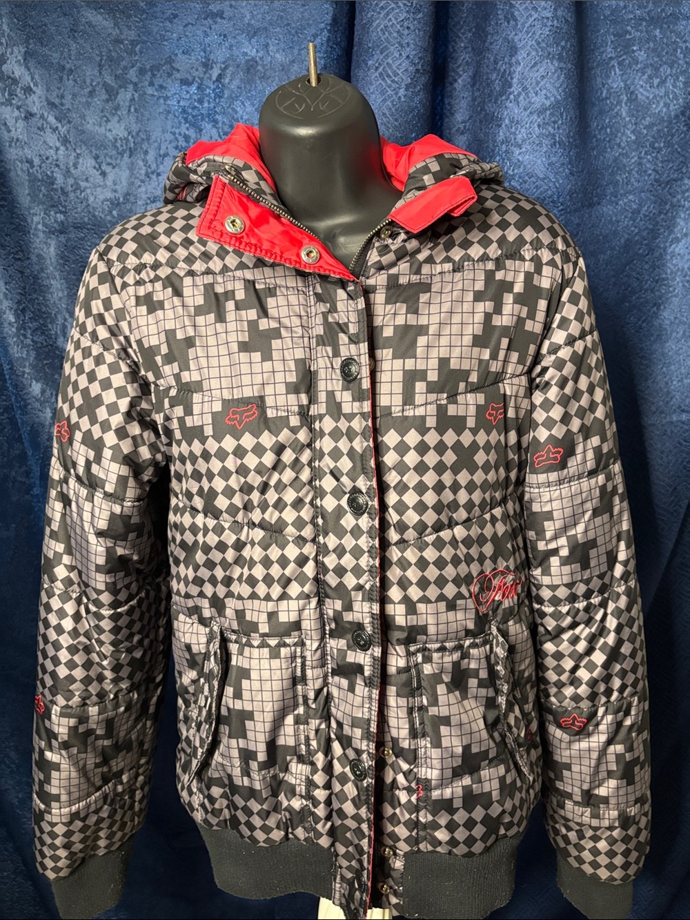 Fox Women's Black & Gray Checkerboard Puffer Jacket with Red Hood